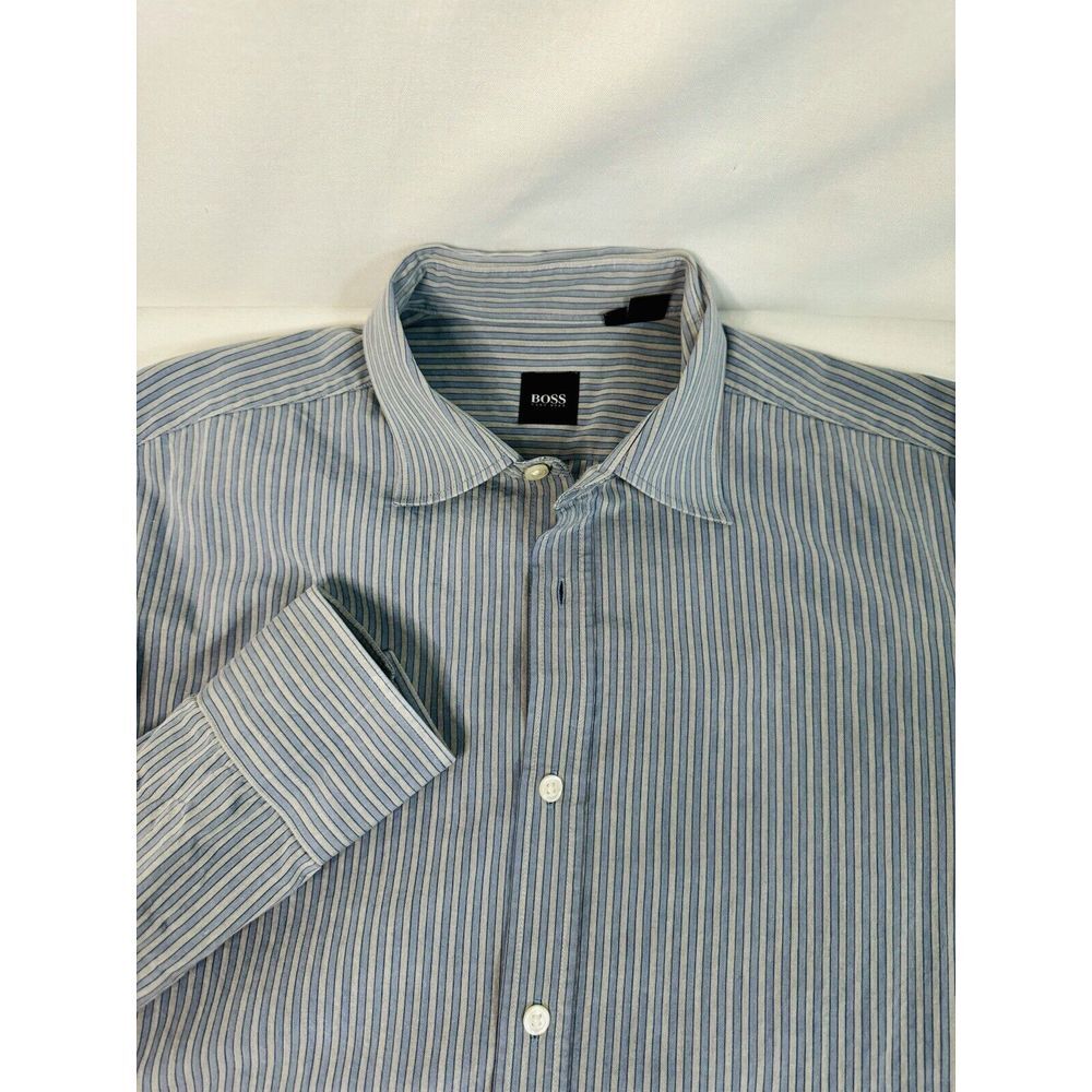 Hugo Boss Mens L‎ Blue Grey Stripe Long Sleeve Button Down Shirt